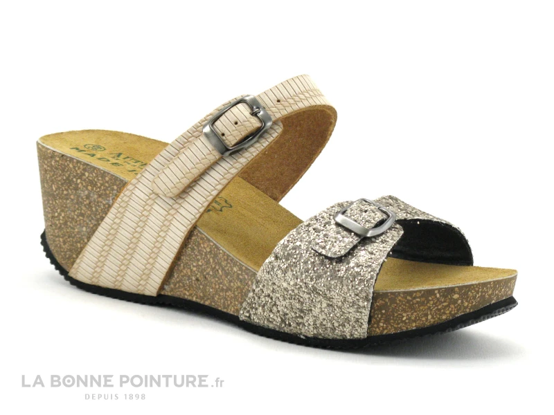Autenti 687056 Gold - Beige - Pailletes Or - Mule Talon Compense 3 Autenti 687056 Gold - Beige - Pailletes Or - Mule Talon Compense